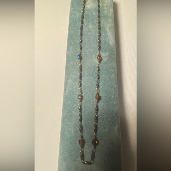 💛 Vintage handmade antique style brass, golden brown glass crystals necklace. - Picture 2 of 4